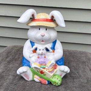 Adorable Ceramic Easter Bunny Rabbit Farmer Cookie Jar